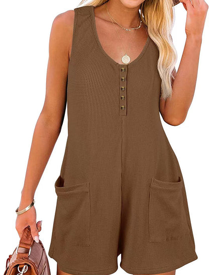 Sleeveless Button-Up Romper with Pockets