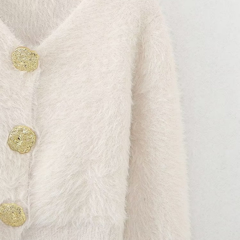 Button-Front Fuzzy Knit Cardigan