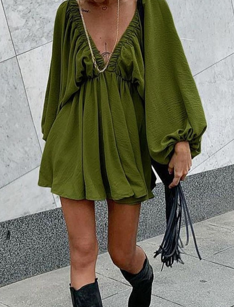 Plunging V-Neck Ruched Mini Dress