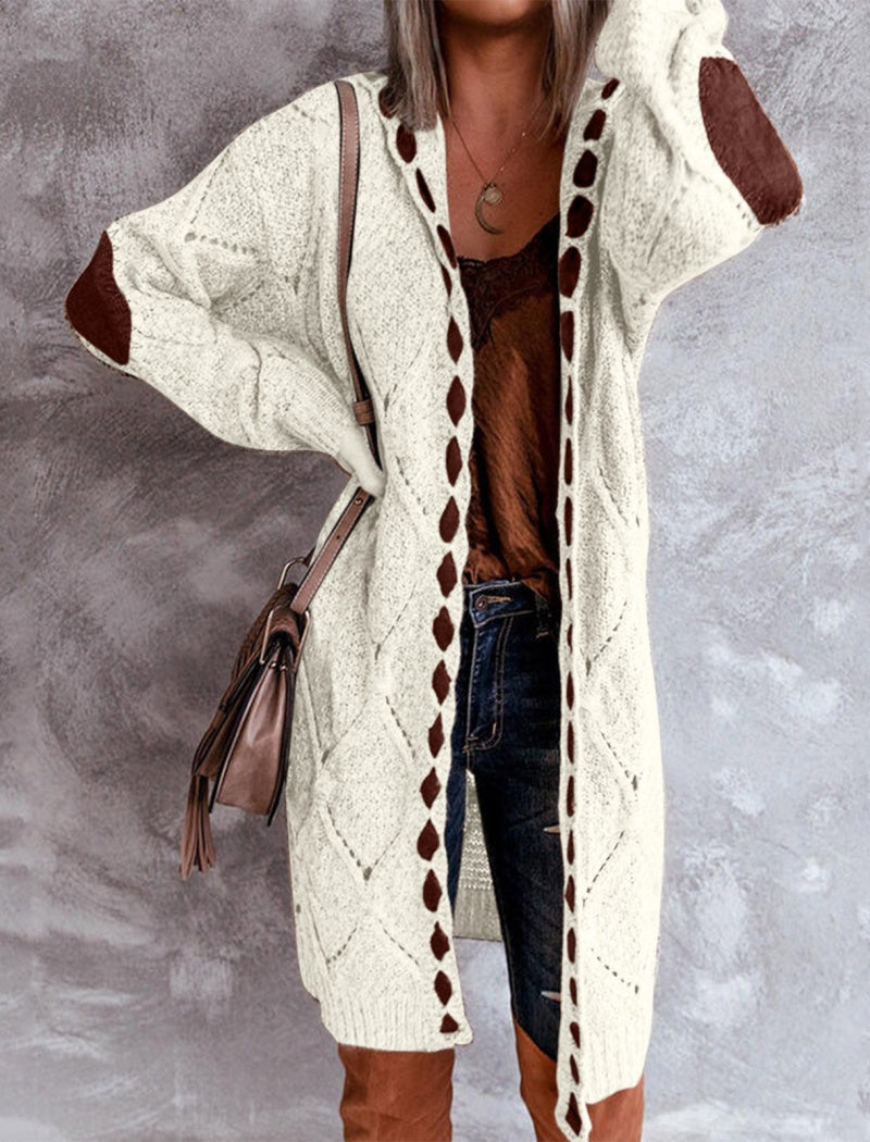 Hooded Knit Cardigan with Elbow Patches