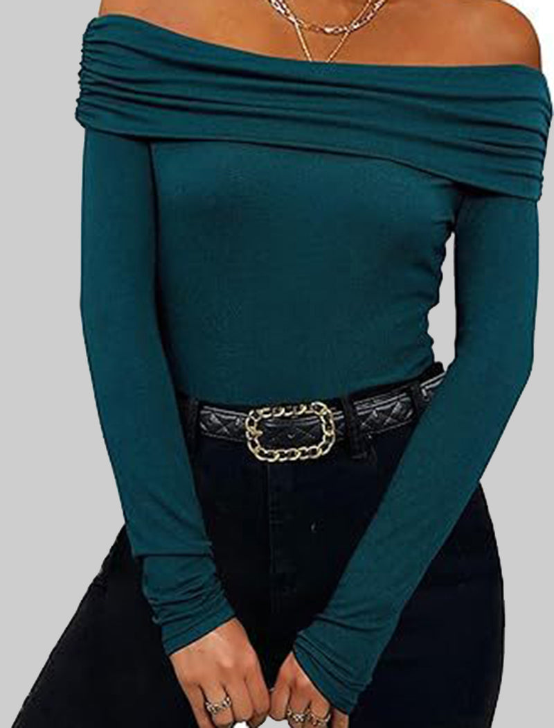 Off-Shoulder Long Sleeve Slim Fit Top