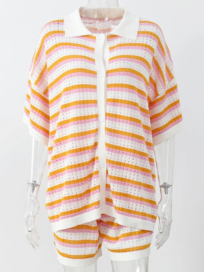 Striped Knit Button-Up Shirt and Shorts Set