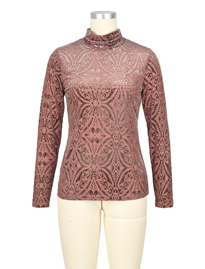 High Neck Velvet Printed Long-Sleeve Top