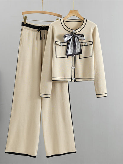 Bow Cardigan and Wide-Leg Pants Set