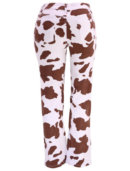 High-Waist Flared Cow Print Pants