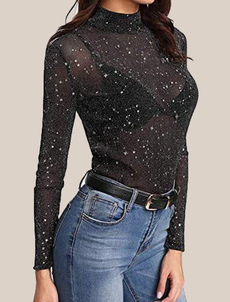 Star-Patterned Sheer Mock Neck Top