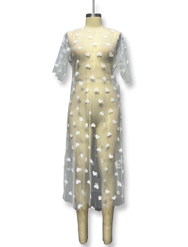 Sheer Heart Print Mesh Midi Dress