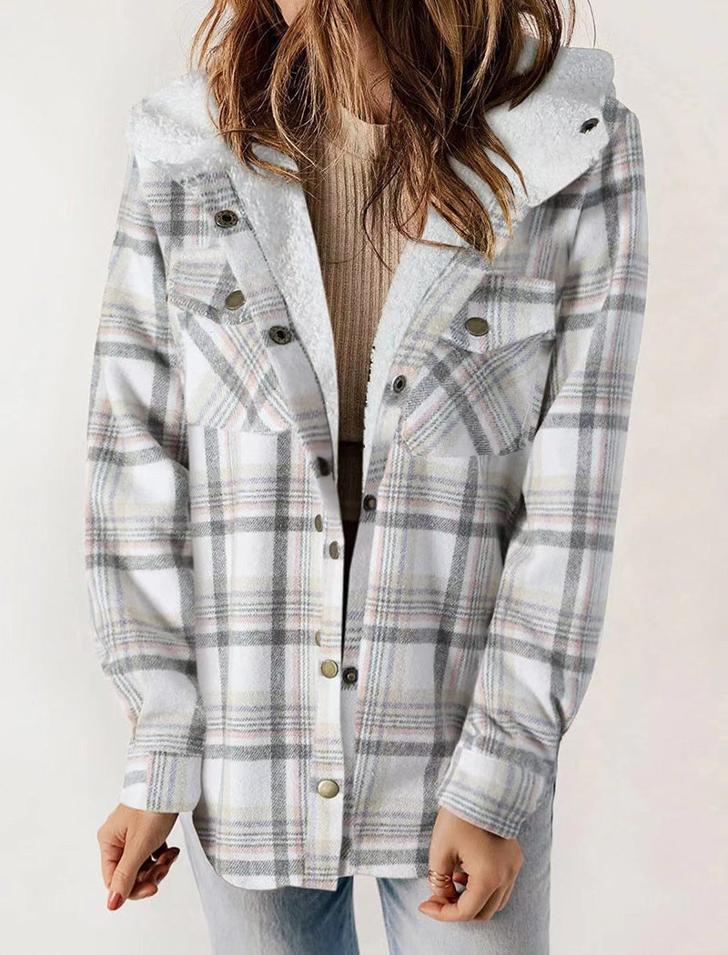 Hooded Plaid Shacket with Pocket Detail