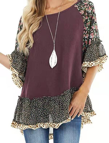 Batwing Sleeve Patchwork Leopard Tee