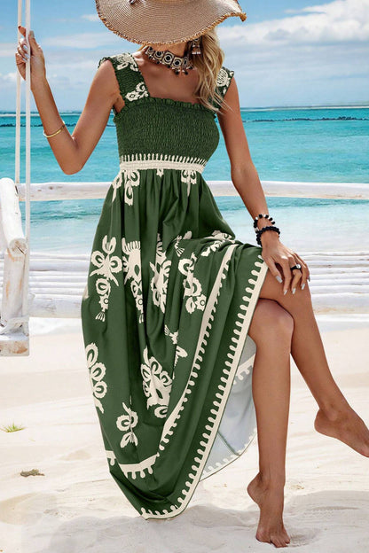 Boho Print Smocked Maxi Dress