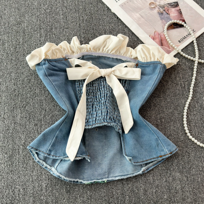 Ruffle Trim Off-Shoulder Denim Bustier