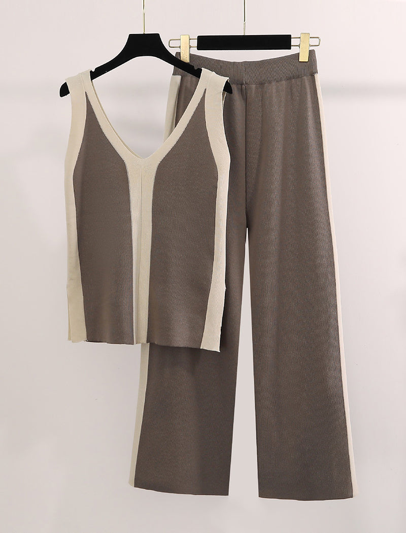 V-Neck Knit Top and Color-Block Wide-Leg Pants Set