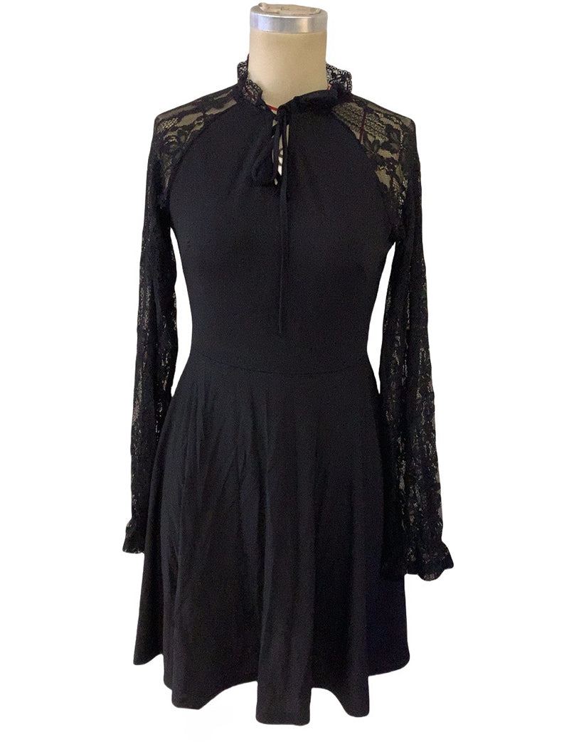 Mock Neck Lace Panel Fit and Flare Dress