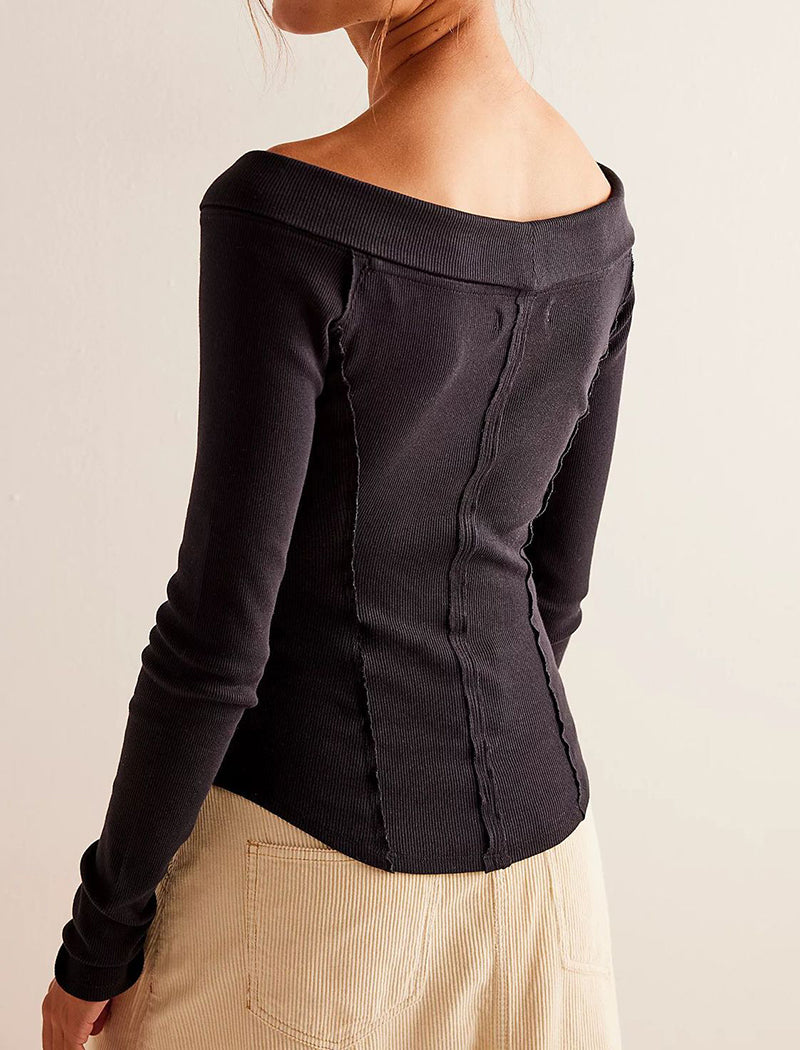 Off-Shoulder Zip-Front Long Sleeve Top