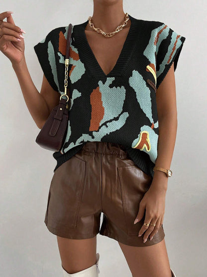 Abstract Print V-Neck Ribbed Vest