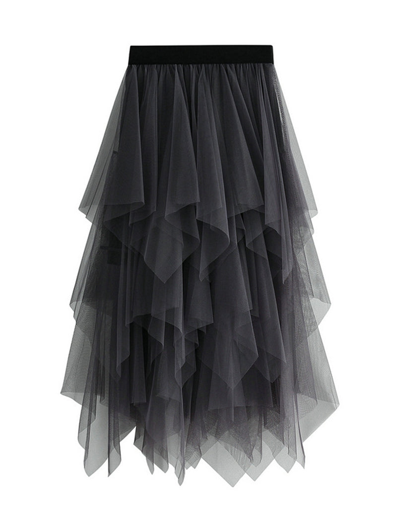 Asymmetric Ruffle Mesh Skirt