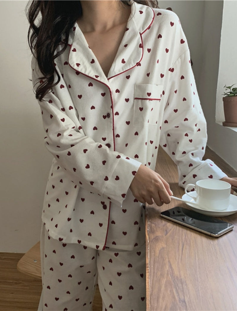 Brushed Heart Print Long Sleeve Pajamas