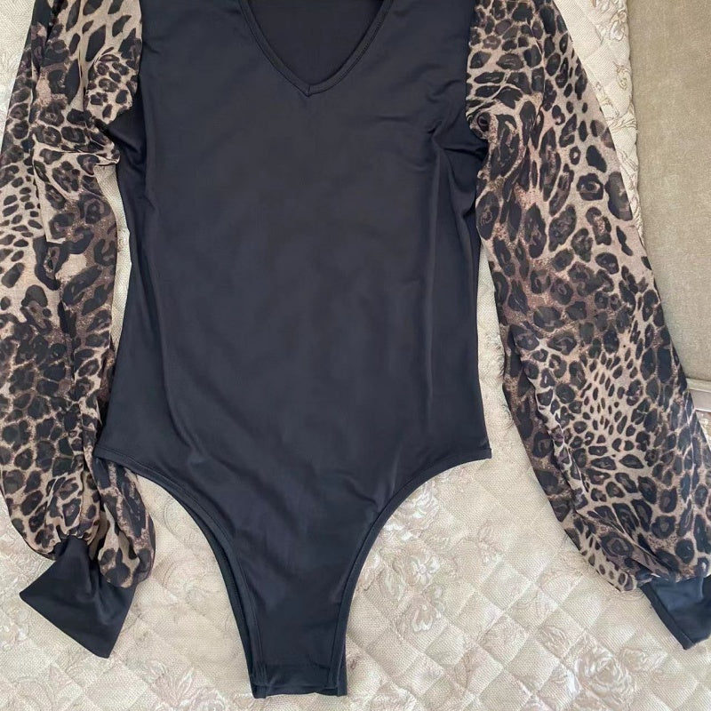 Leopard Print Long Sleeve V-Neck Bodysuit