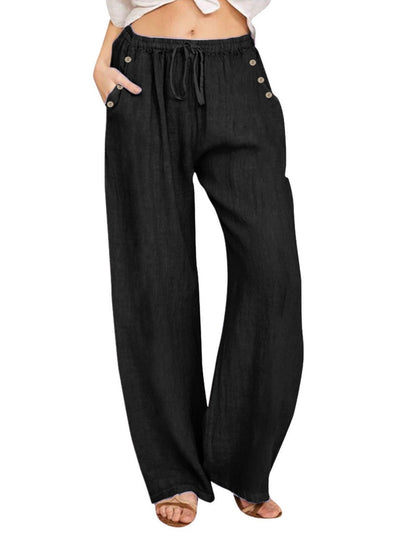 Wide-Leg Buttoned Drawstring Pants