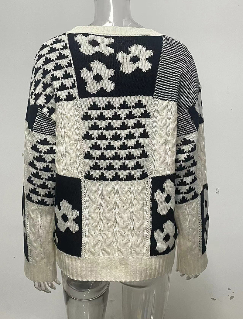 Floral Block Loose Knit Pullover