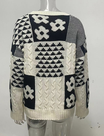 Floral Block Loose Knit Pullover