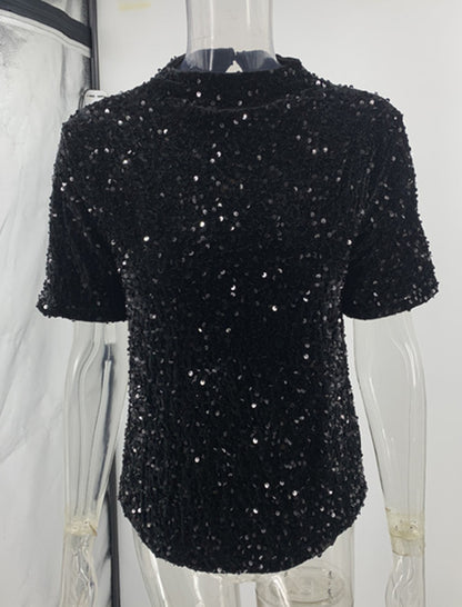 Round Neck Velvet Sequin Short Sleeve T-Shirt