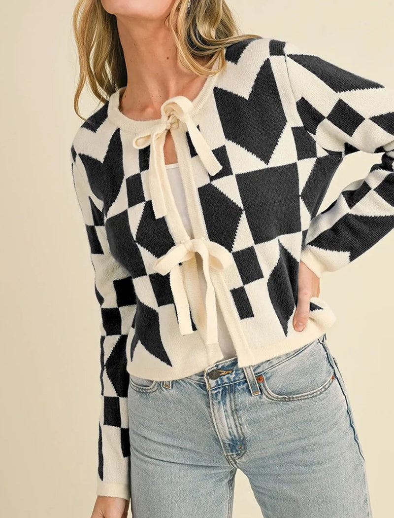 Geometric Tie-Front Cardigan Sweater