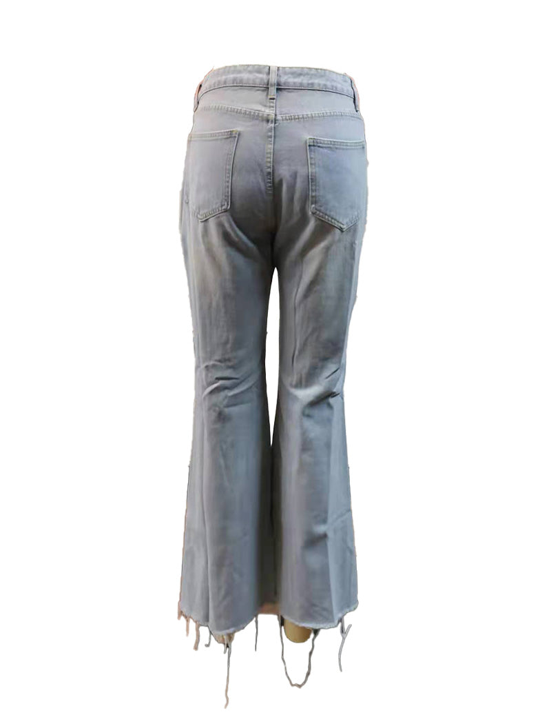 Distressed Wide-Leg Flared Denim Pants