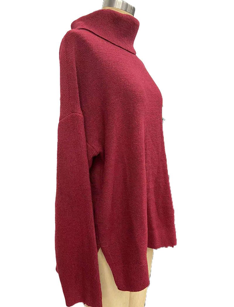 High Neck Batwing Sleeve Slit Hem Waist-Tie Sweater