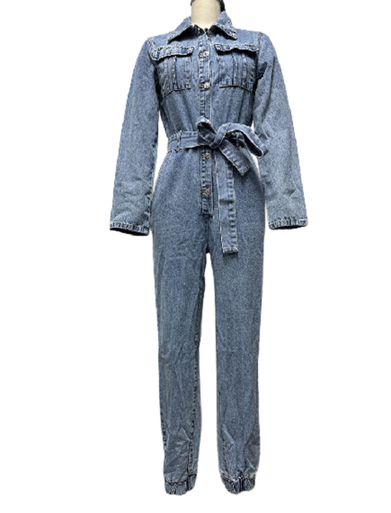 Belted Denim Jumpsuit with Pocket Details