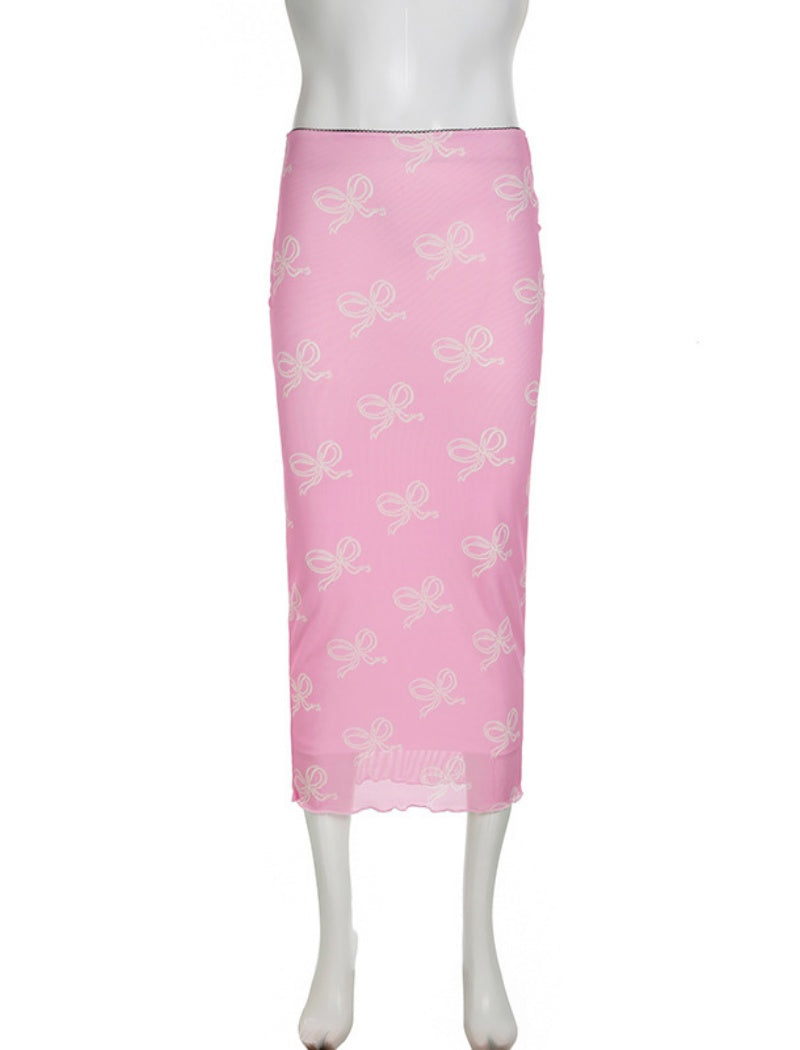 Bow Print Mesh Midi Skirt