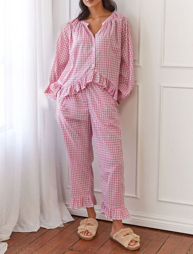 Ruffle Buttoned Long Sleeve Top and Pants Set