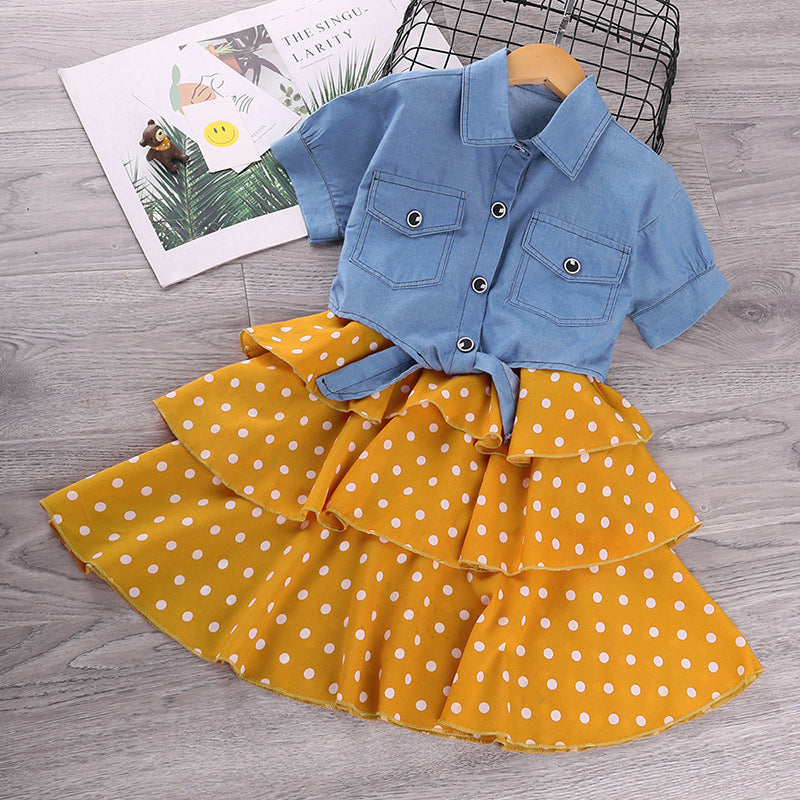 Denim Shirt and Polka Dot Layered Mini Skirt Set (Kids)