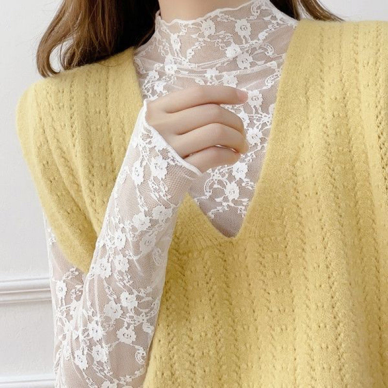 Sheer Floral Lace Long-Sleeve Top