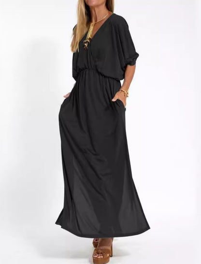 V-Neck Batwing Sleeve Maxi Dress with Pockets