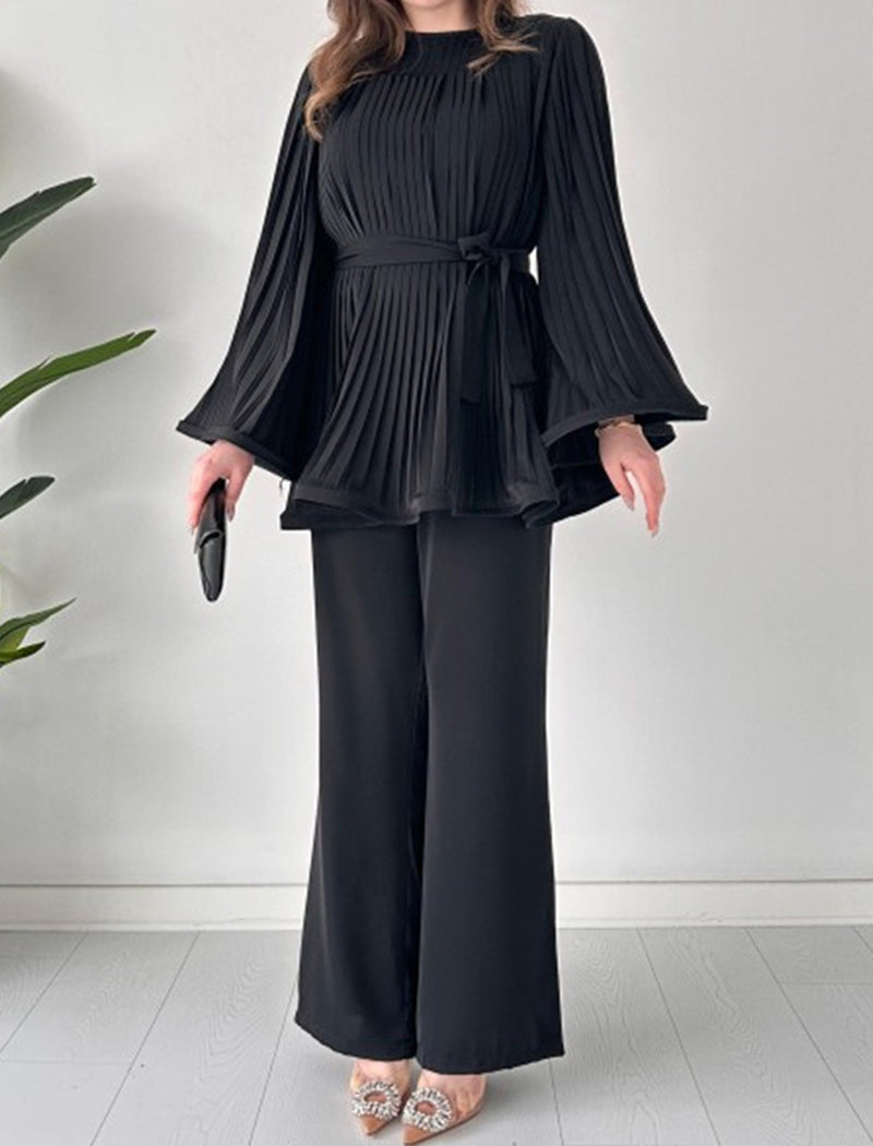 Pleated Bell Sleeve Top and Wide-Leg Pants Set