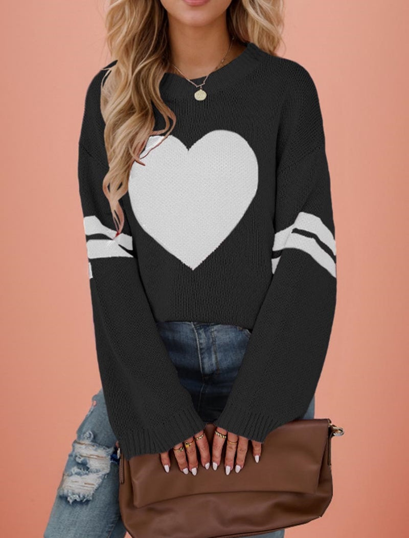 Heart Patterned Knit Sweater with Striped Sleeves