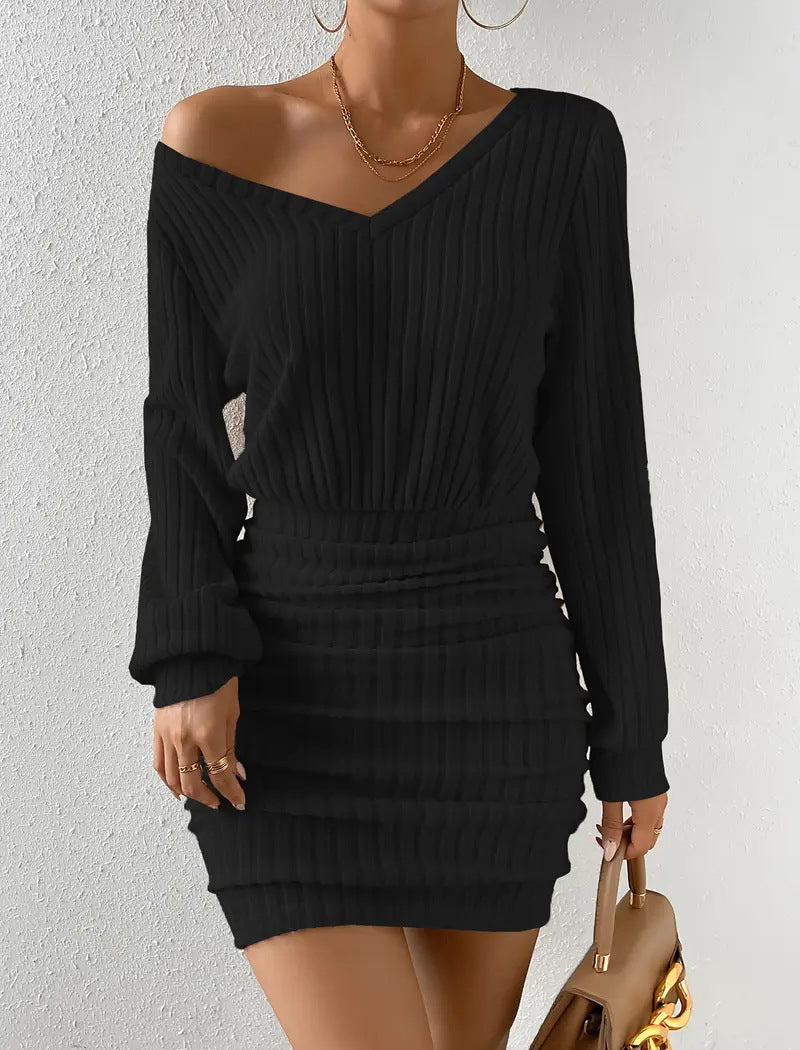 Brushed Ribbed V-Neck Long Sleeve Waist-Cinching Dress