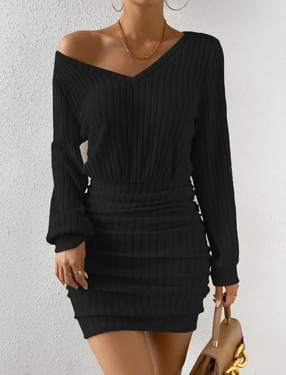 Brushed Ribbed V-Neck Long Sleeve Waist-Cinching Dress