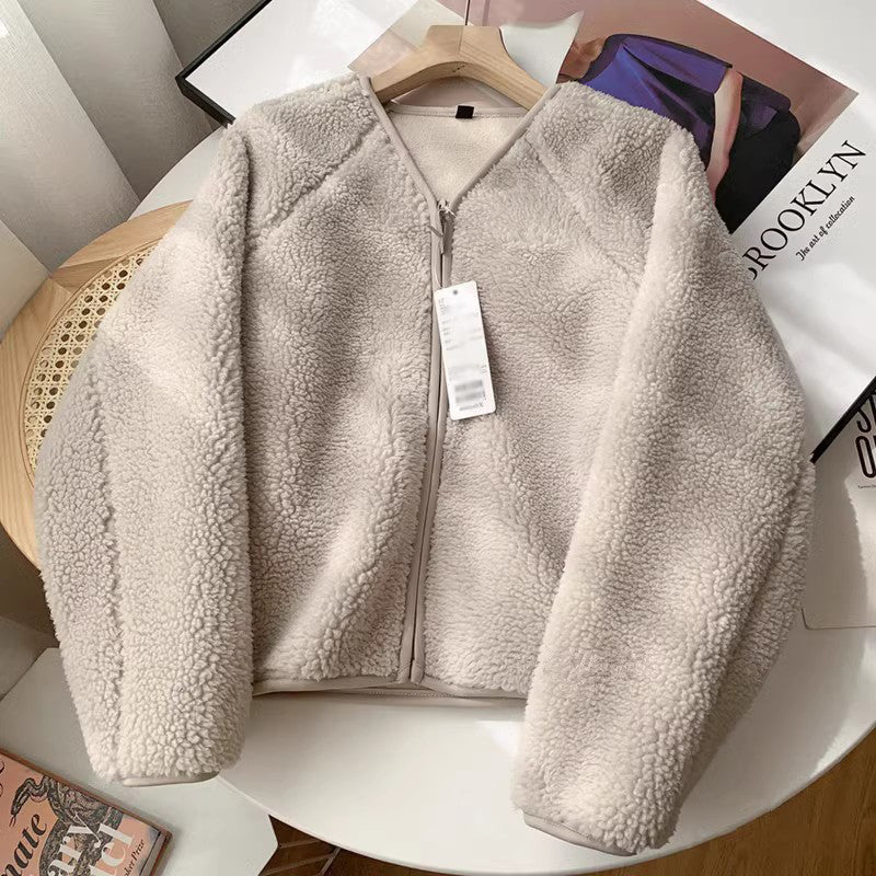 Fleece V-Neck Zipper Sherpa Coat