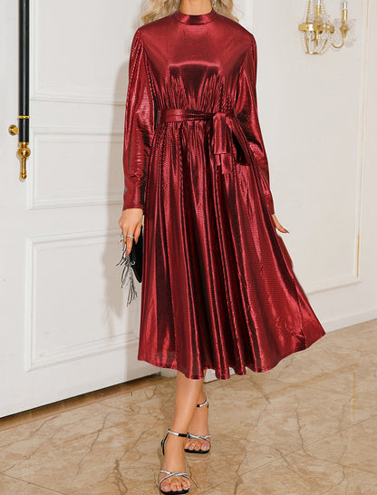 Long Sleeve Pleated Satin Evening Dress