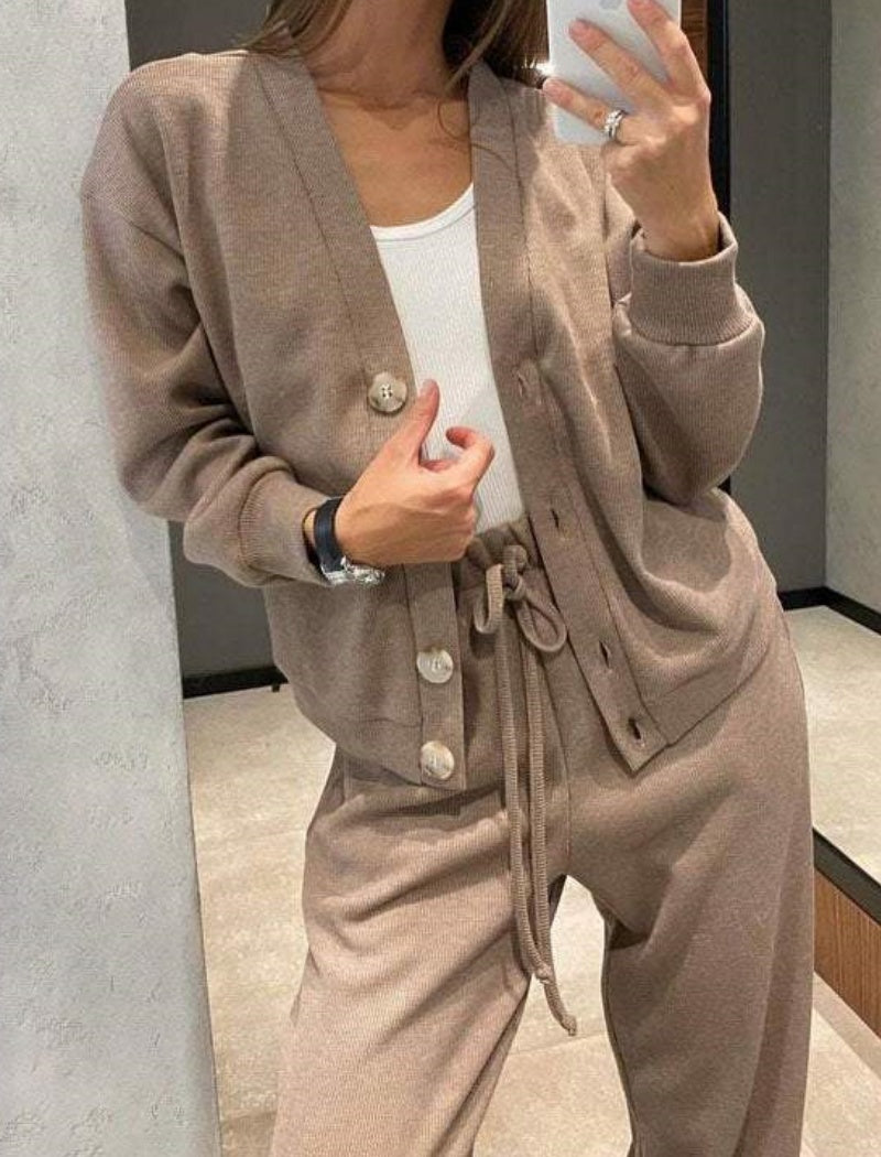 Buttoned Cardigan and Wide-Leg Pants Set