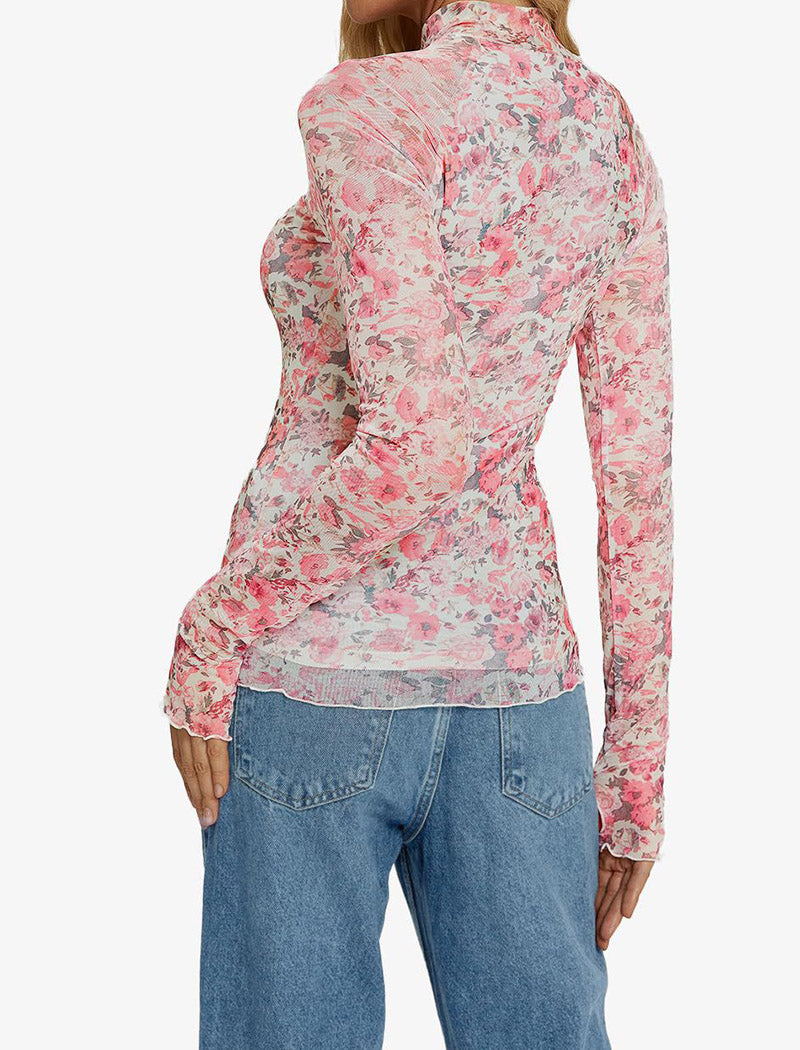 Floral Mesh Long-Sleeve Top with High Neck