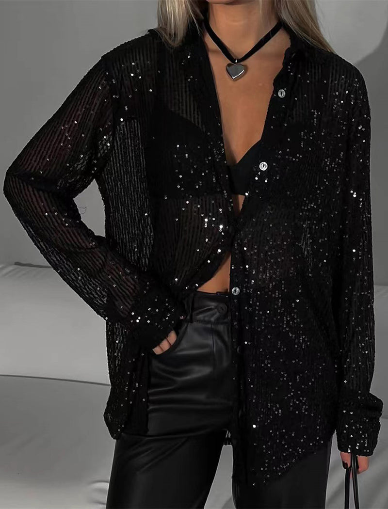 Sequin Button-Up Long-Sleeve Shirt