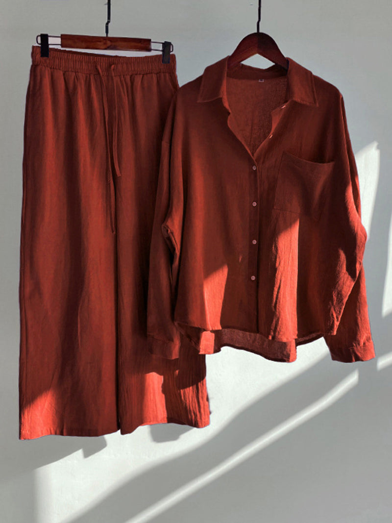 Solid Button-Up Shirt and Wide-Leg Pants Set