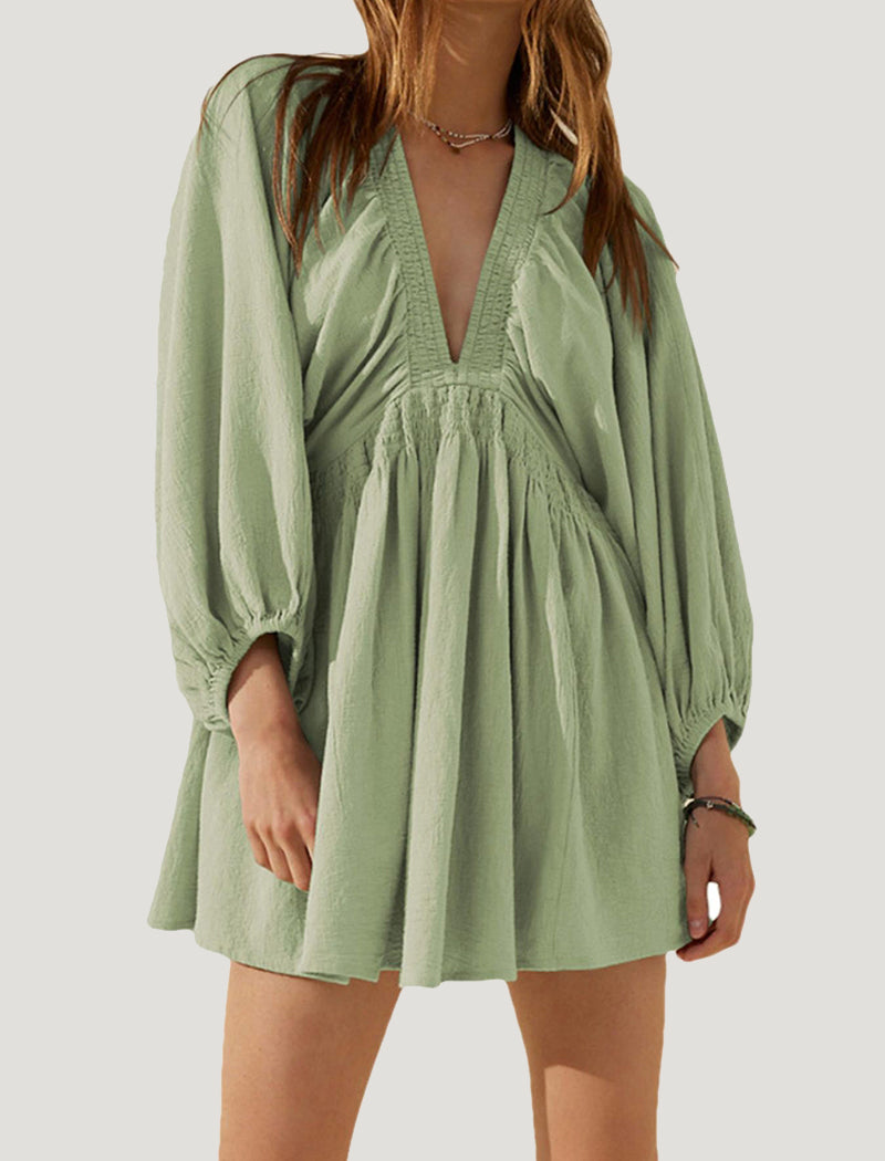 Puff Sleeve V-Neck Mini Dress