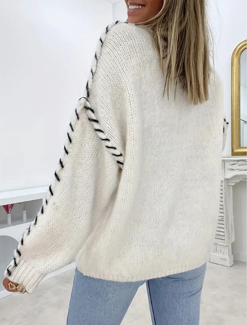 Oversized Knit Sweater with Contrast Stitching