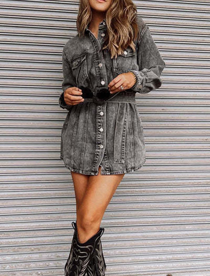 Button-Up Denim Belted Mini Dress