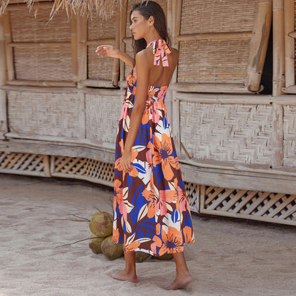 Halter Tropical Print A-Line Dress