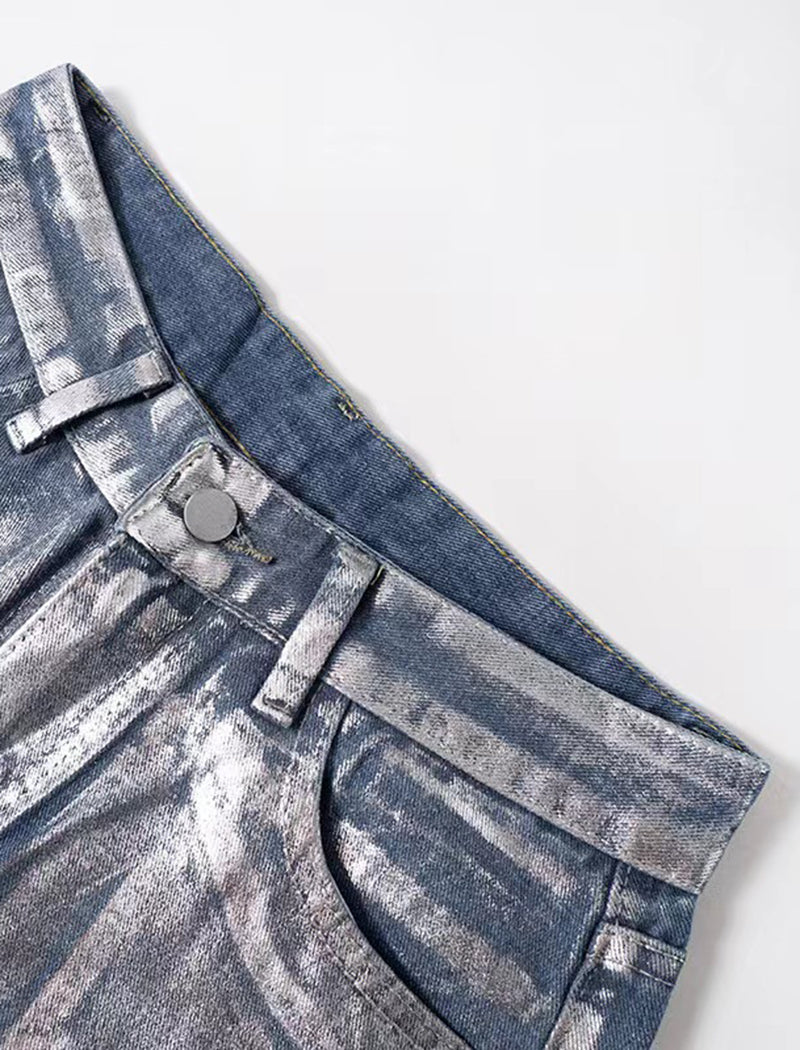 Straight-Leg Blue Silver-Printed Jeans